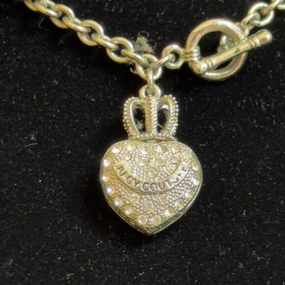 Juicy Couture Silver-Tone Crown Puff Heart Charm Necklace Toggle Closure Vintage - Picture 2 of 9